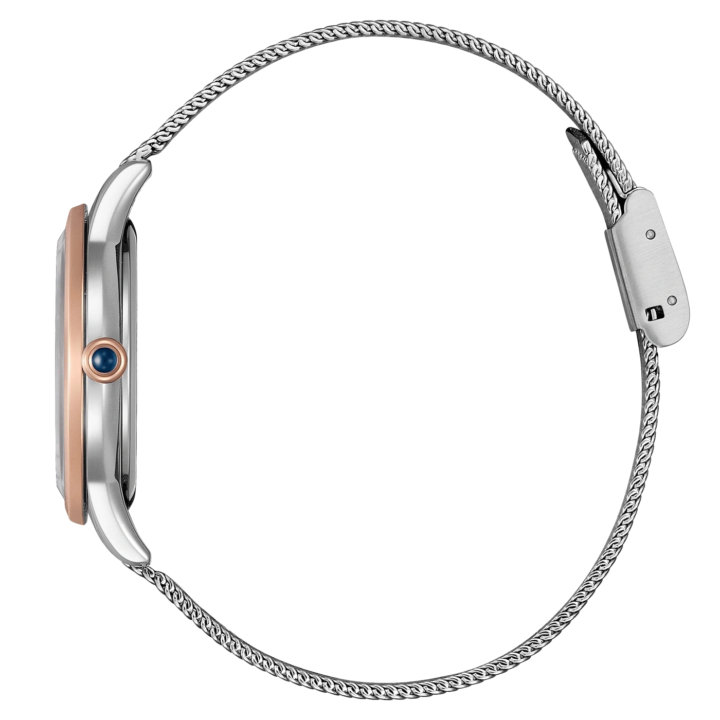 Side view of a silver watch with a mesh strap and rose gold accents.