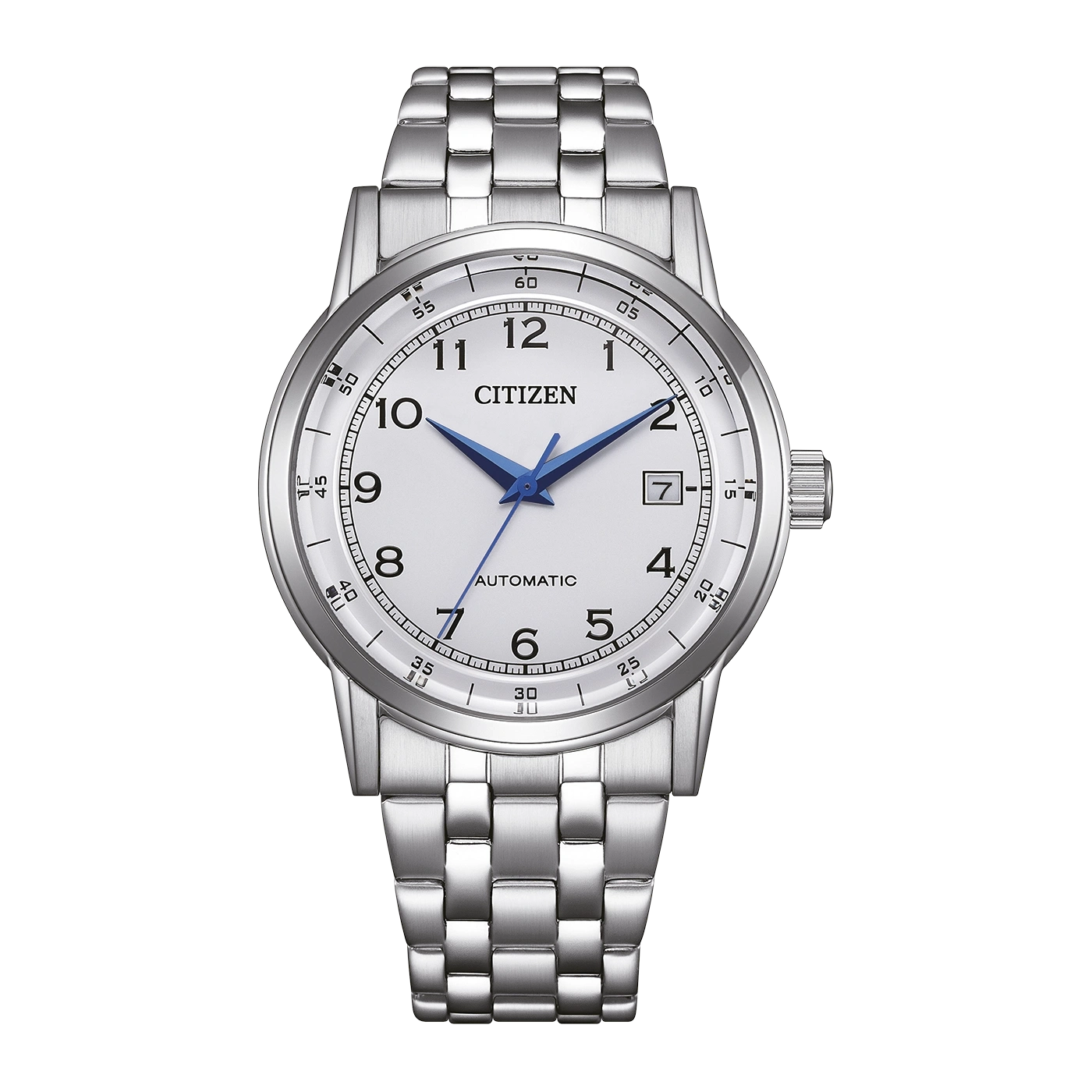 A white Citizen automatic watch with blue hands and a metal band.