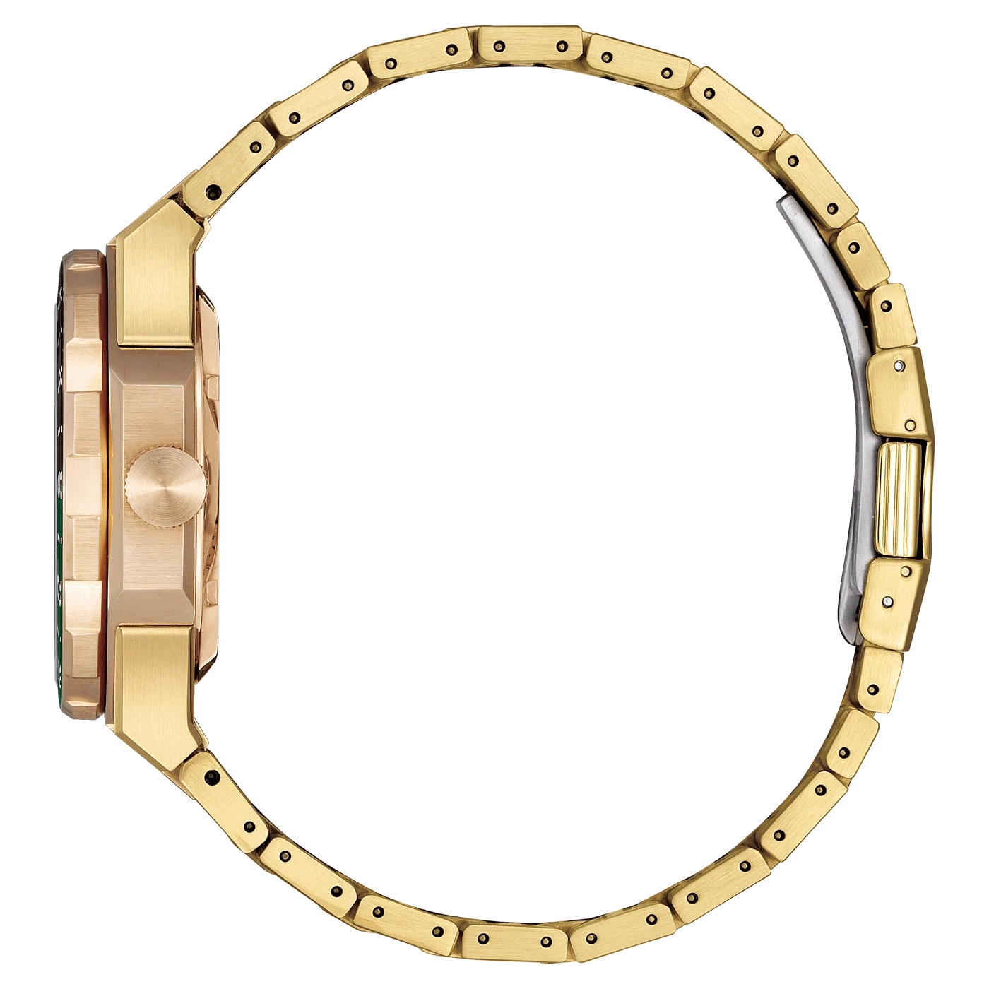 Gold watch side view, round shape, metal strap, luxury accessory, elegant design