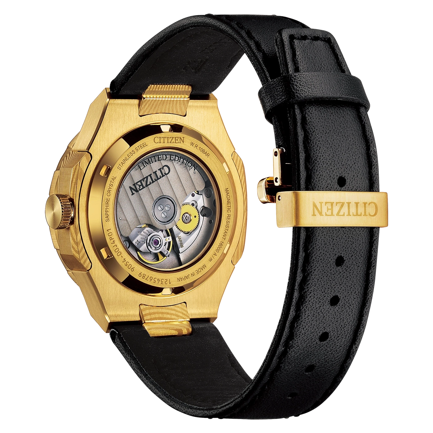 A gold Citizen watch with a black leather strap and an open back displaying the movement.
