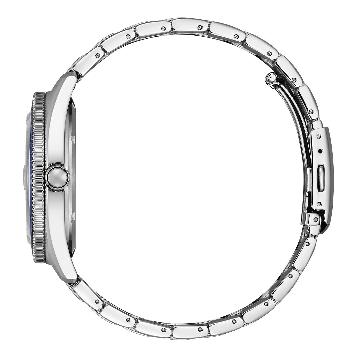 Side view of a silver watch with a metal band.