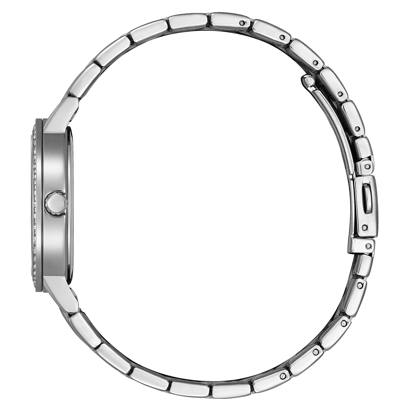 Silver watch with a round face and a diamond-studded bezel and band.