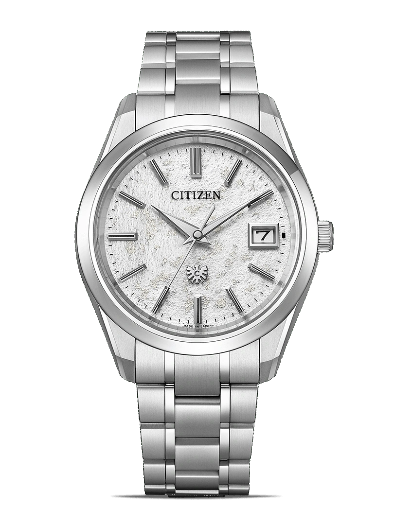 Silver Citizen watch with a textured white face and date display.