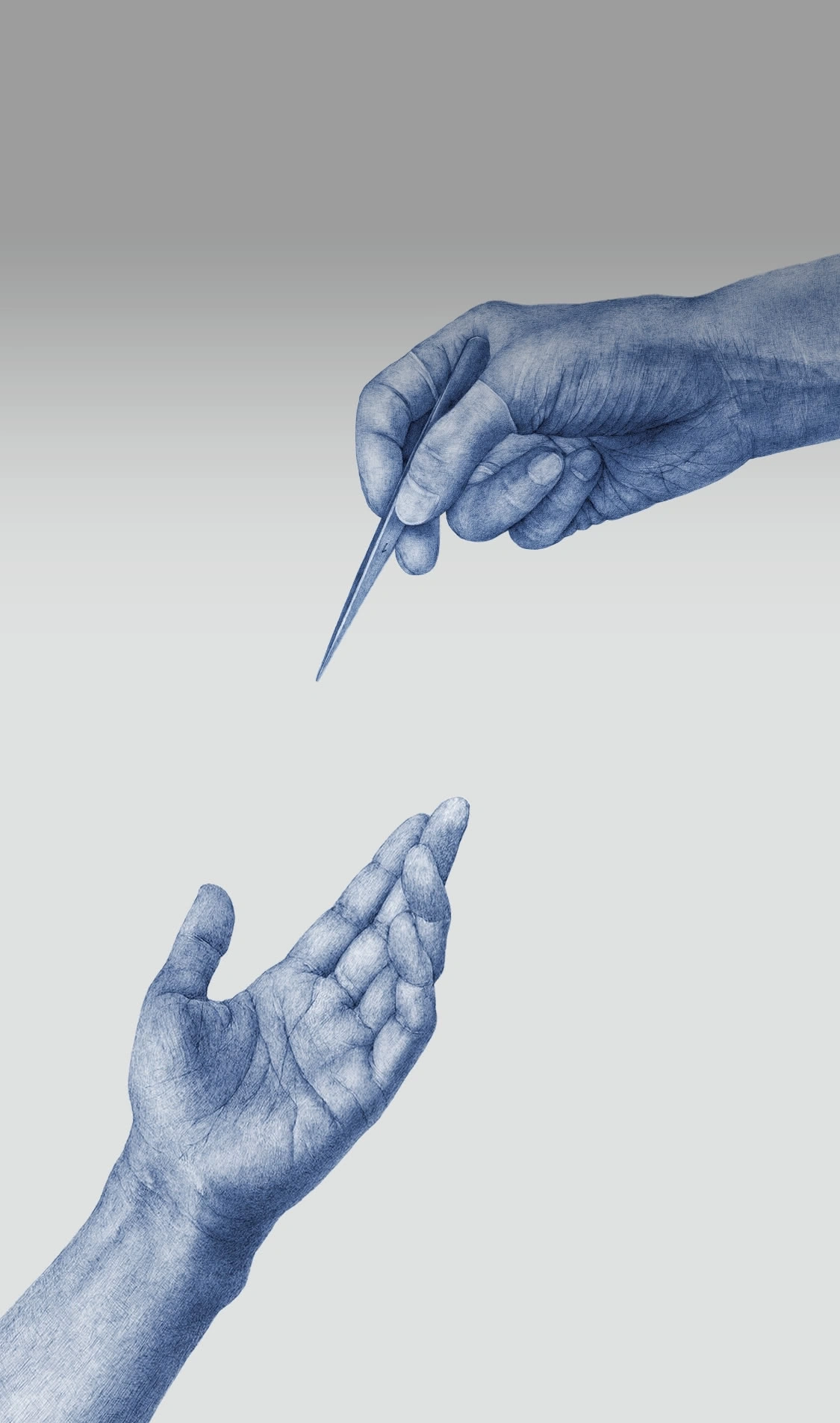 Hands with tweezers, offering or receiving, blue drawing on gray background