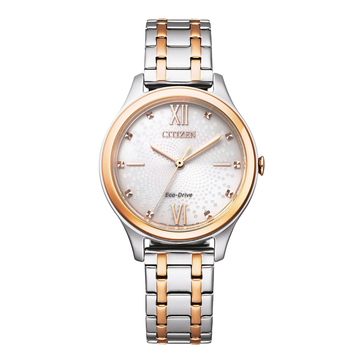 Citizen watch with silver and gold band, white face, roman numerals, Eco-Drive