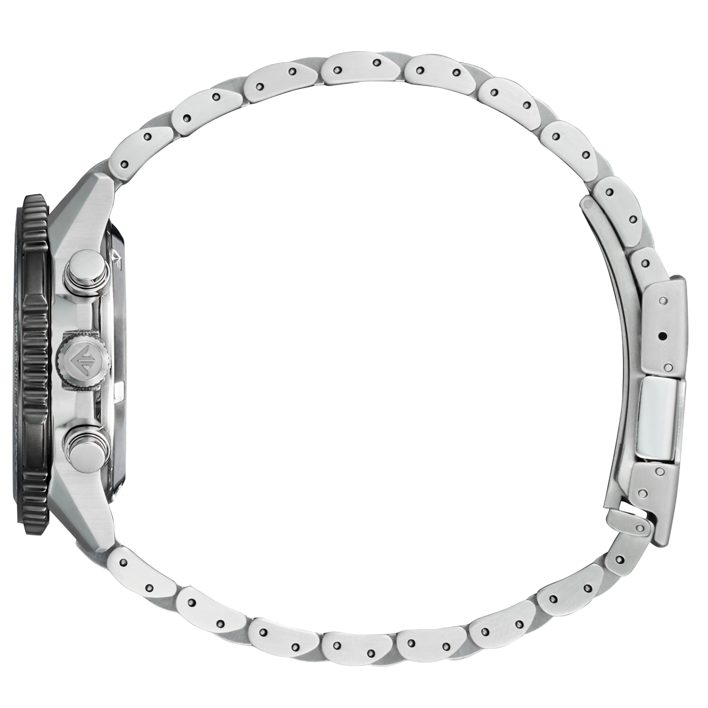 A silver watch bracelet forms a circle on a white background.