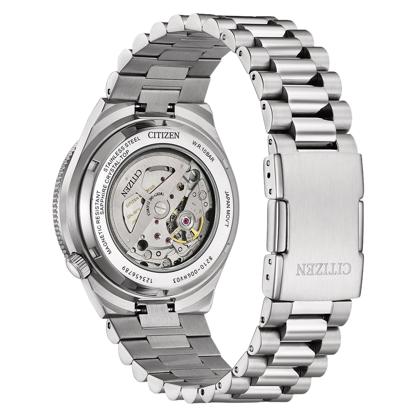 A close-up view of the back of a stainless steel Citizen watch with an automatic movement visible.