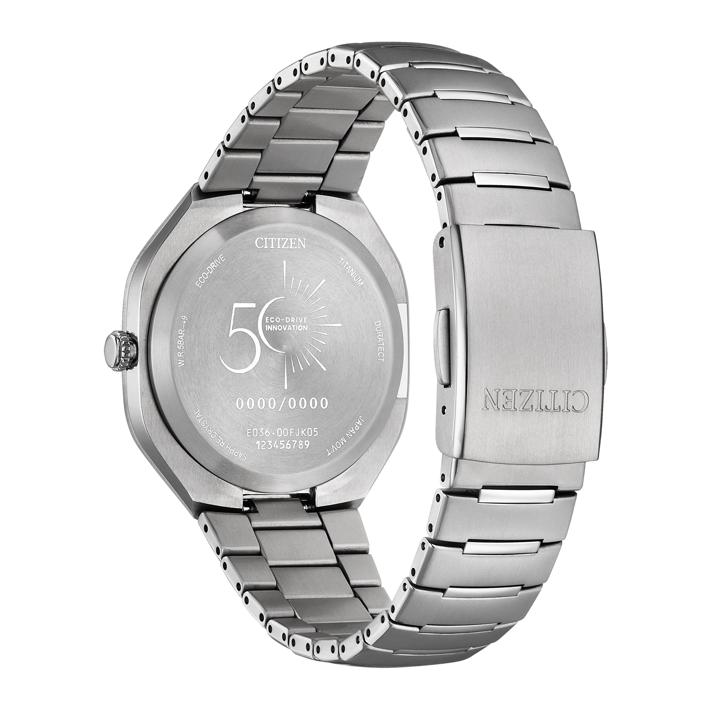 Back of a silver Citizen watch with "Eco-Drive" and "50" visible.