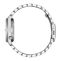 Side view of a silver wristwatch with a circular band and a white background.