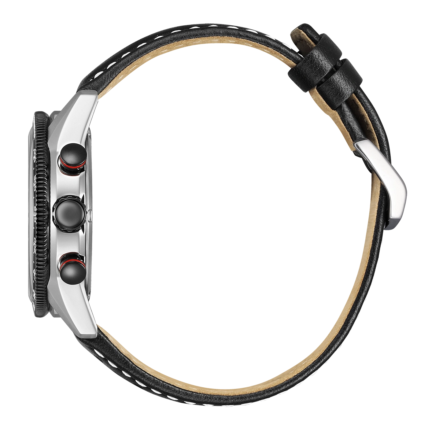 Side view of a black leather watch band with white stitching and silver buckle.