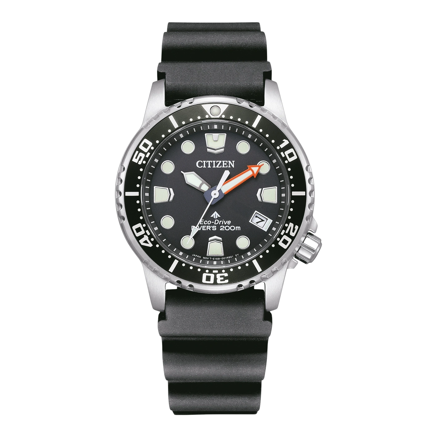 Citizen watch with black dial, black bezel, and black rubber strap.