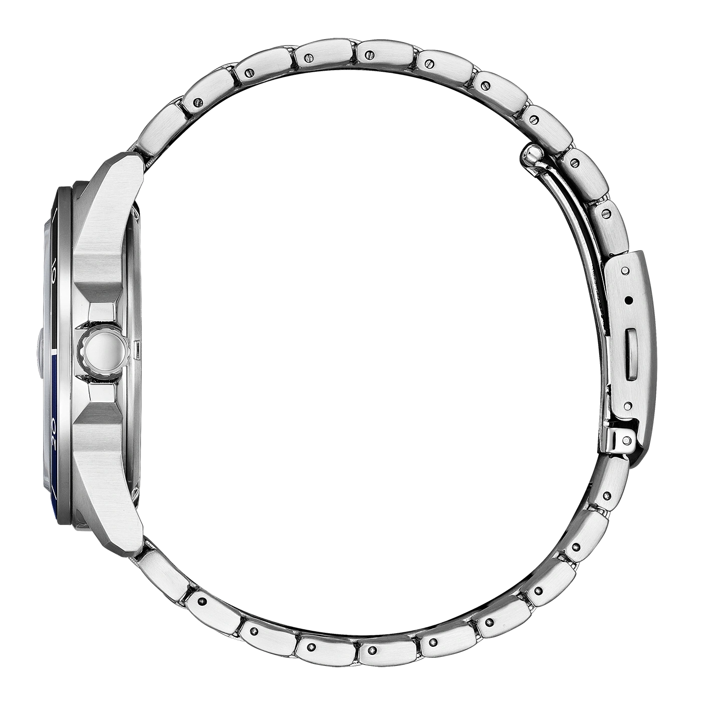 Side view of a silver wristwatch with a blue bezel and metal band.