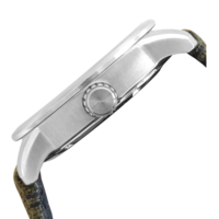 Side view of a silver watch with a green strap and a round crown.
