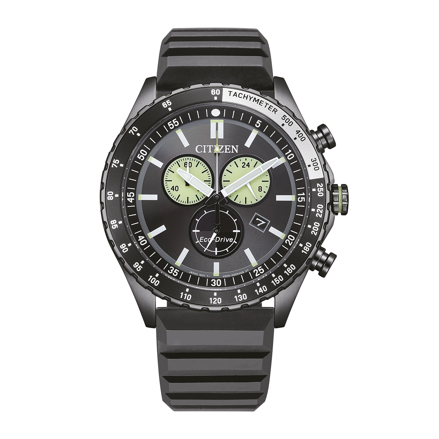 A black Citizen Eco-Drive watch with a tachymeter bezel and green accents.