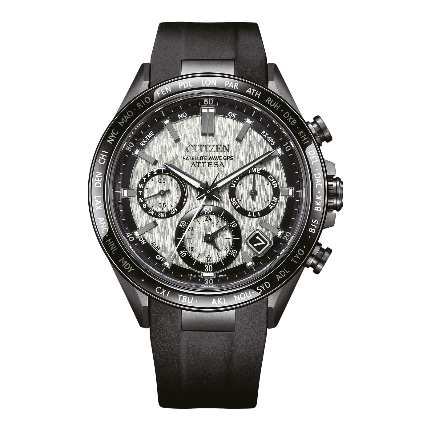 Citizen Attesa watch with black strap and multiple dials, time zones.
