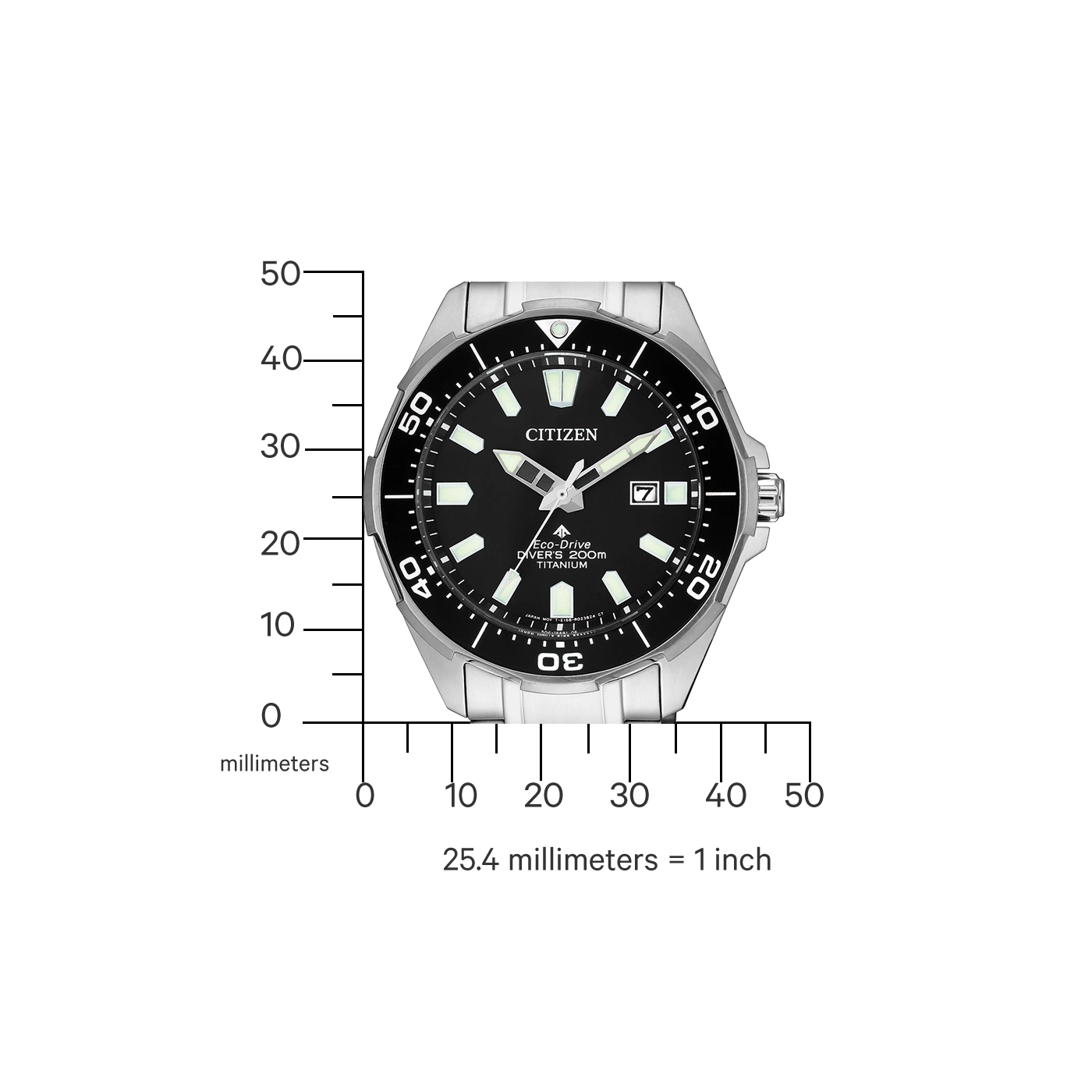 Citizen watch with black dial, titanium, and measurement scale.