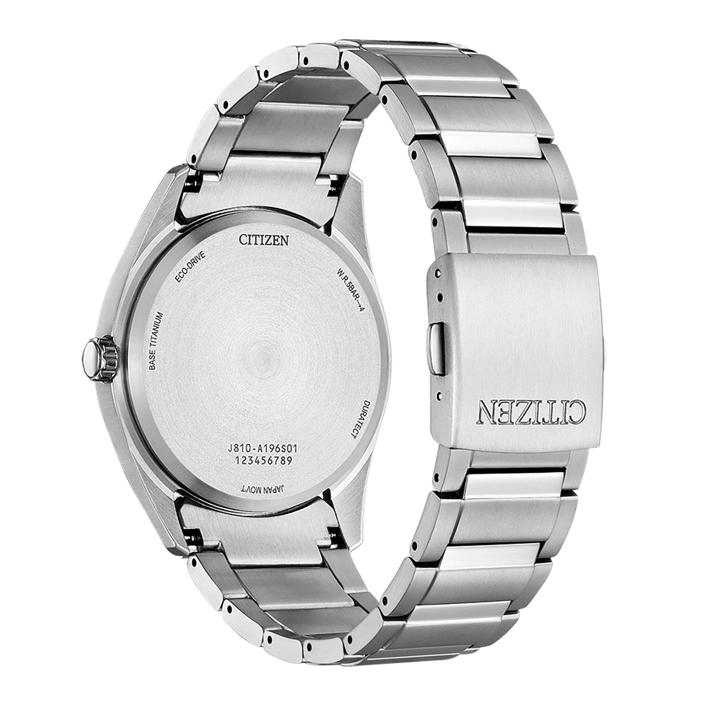 Citizen watch back, titanium, Eco-Drive, water resistant, Japan movement, Duratect.