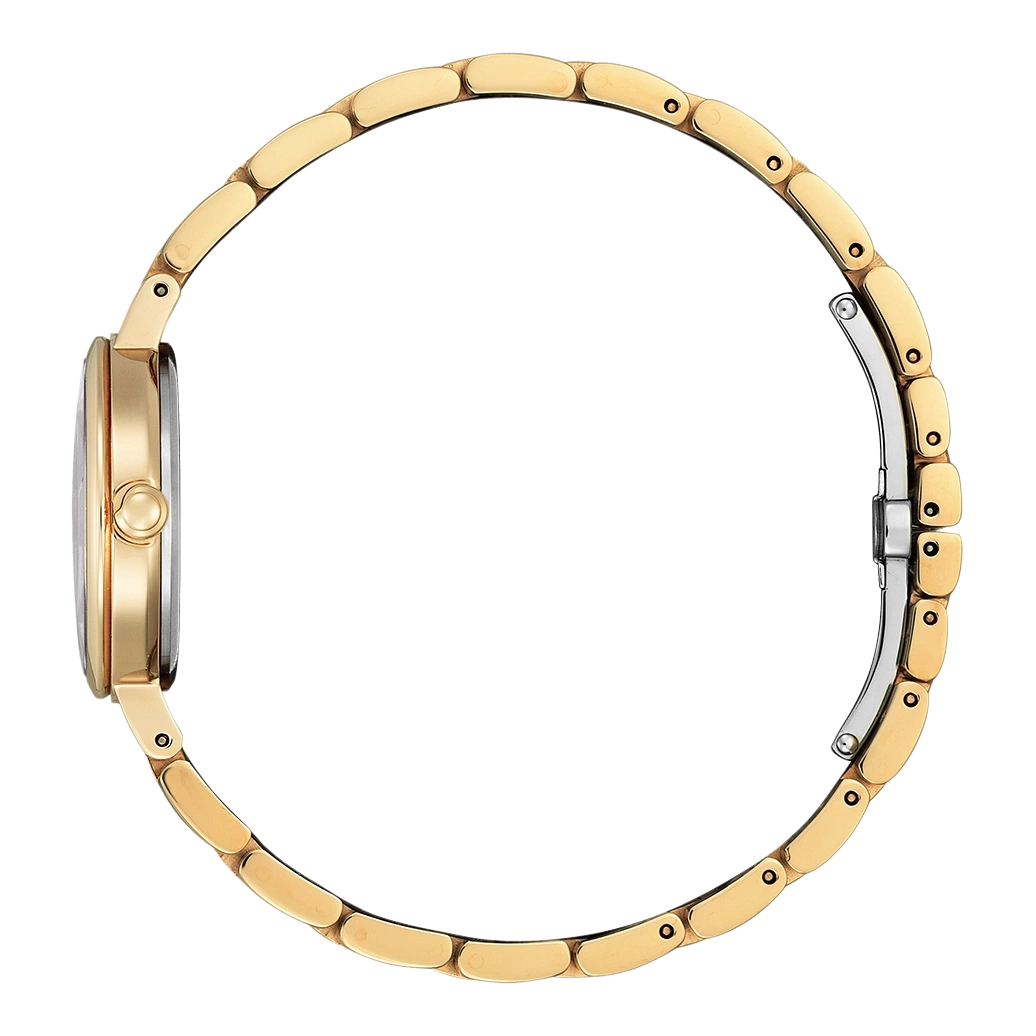 Gold watch with a round face and a gold bracelet, side view.
