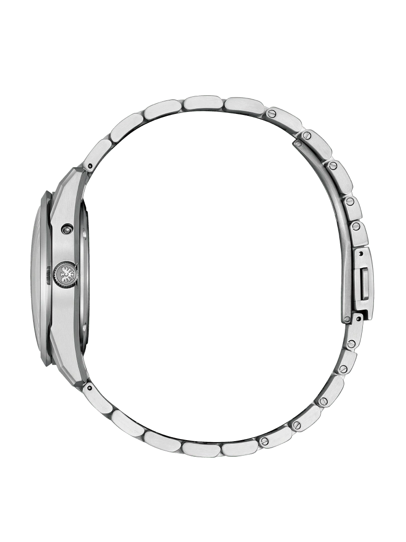 Side view of a silver wristwatch with a metal band on a green background.