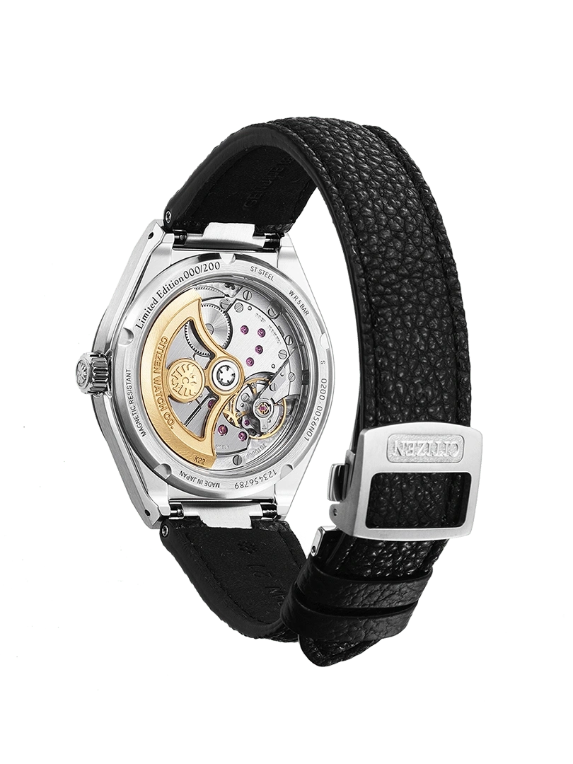 Citizen watch back with visible mechanism, leather strap, limited edition.