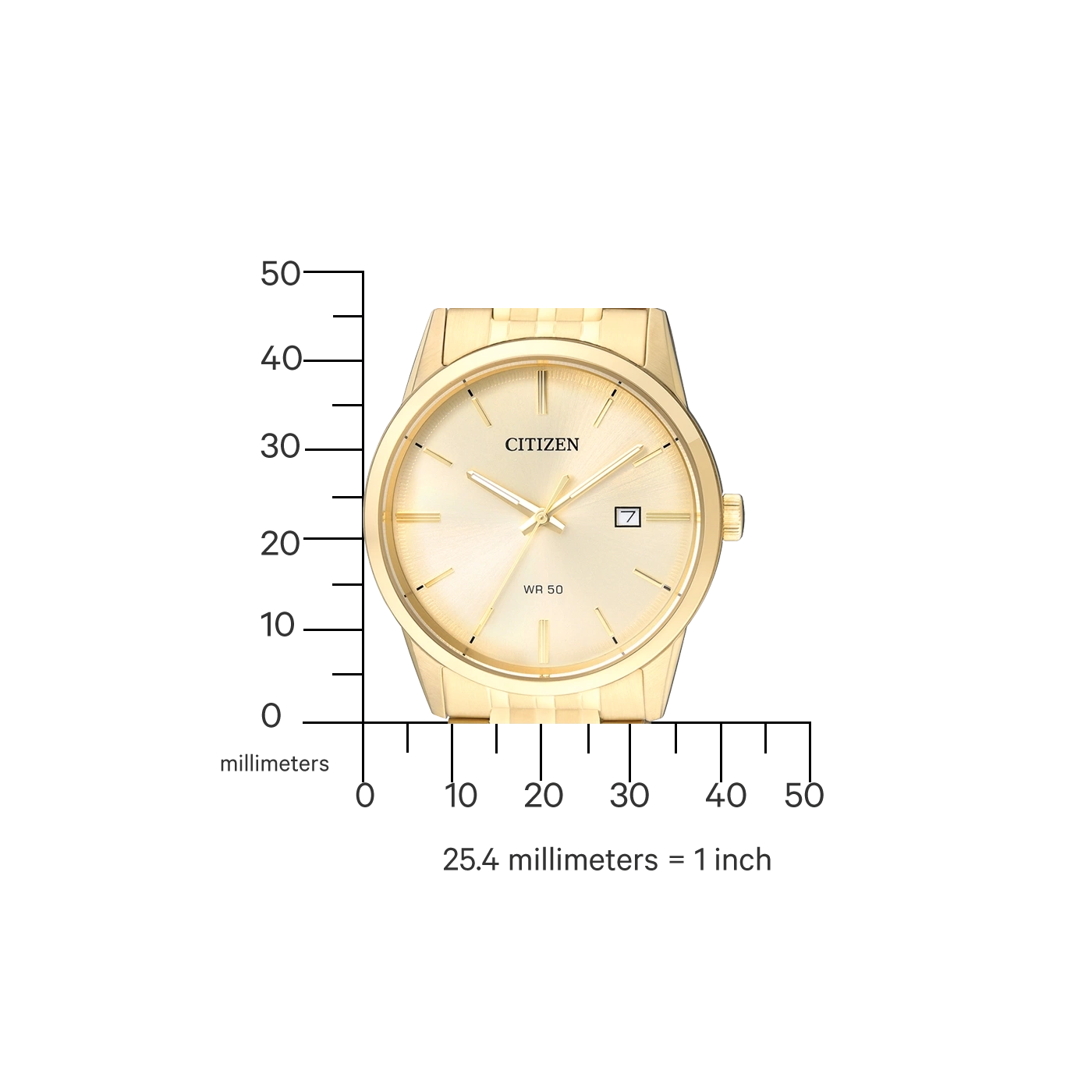 Gold Citizen watch with date display, WR 50, and millimeter scale.