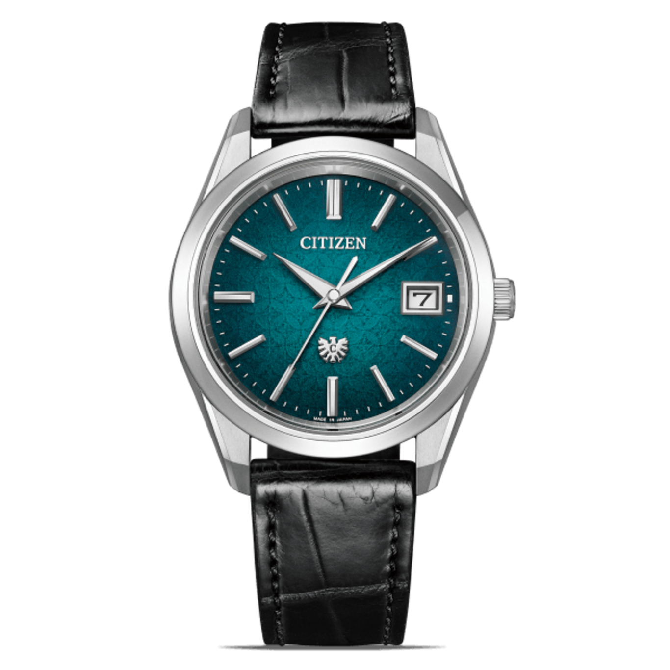 Citizen watch with a teal face and black leather strap.