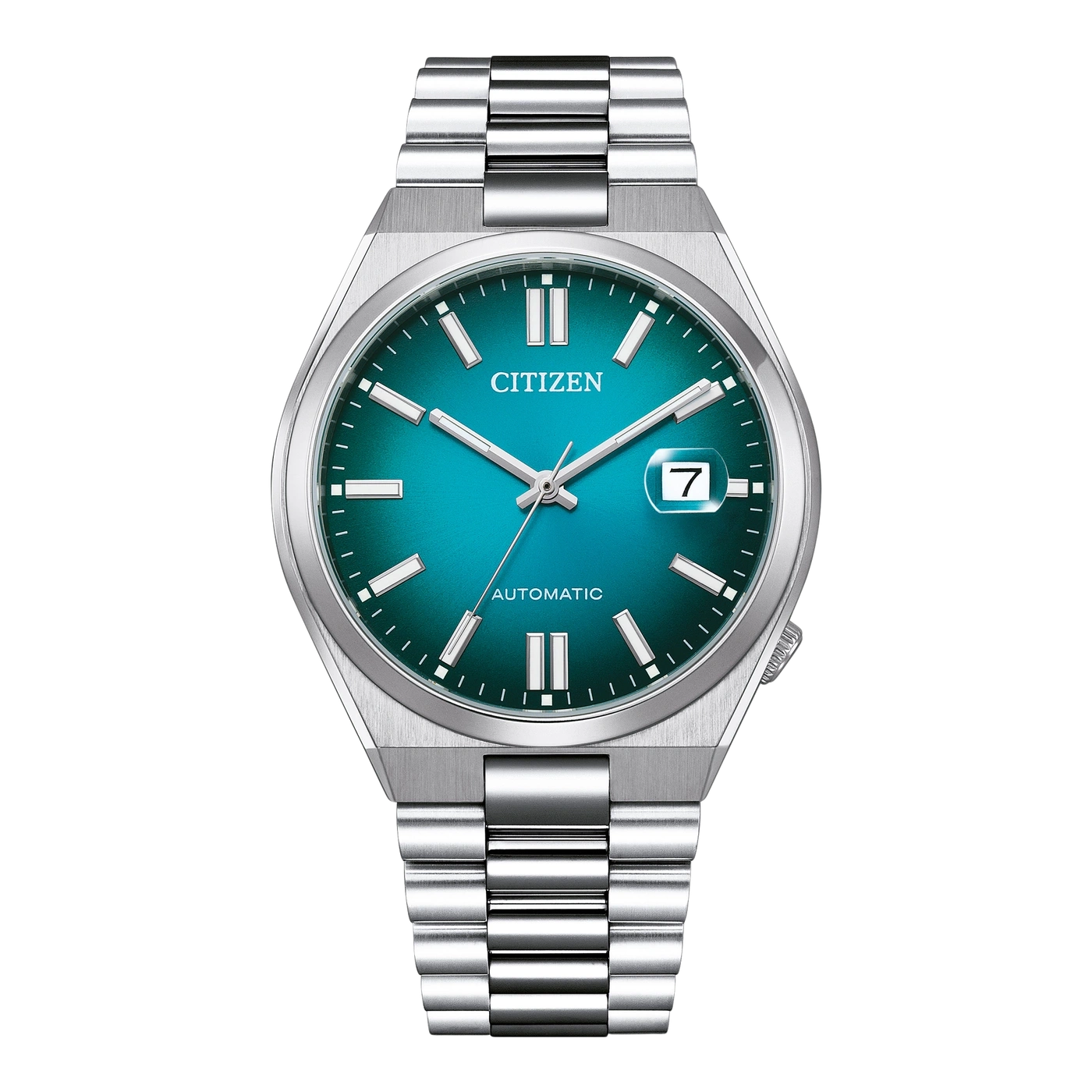 Citizen watch with a teal dial and silver bracelet, automatic movement.