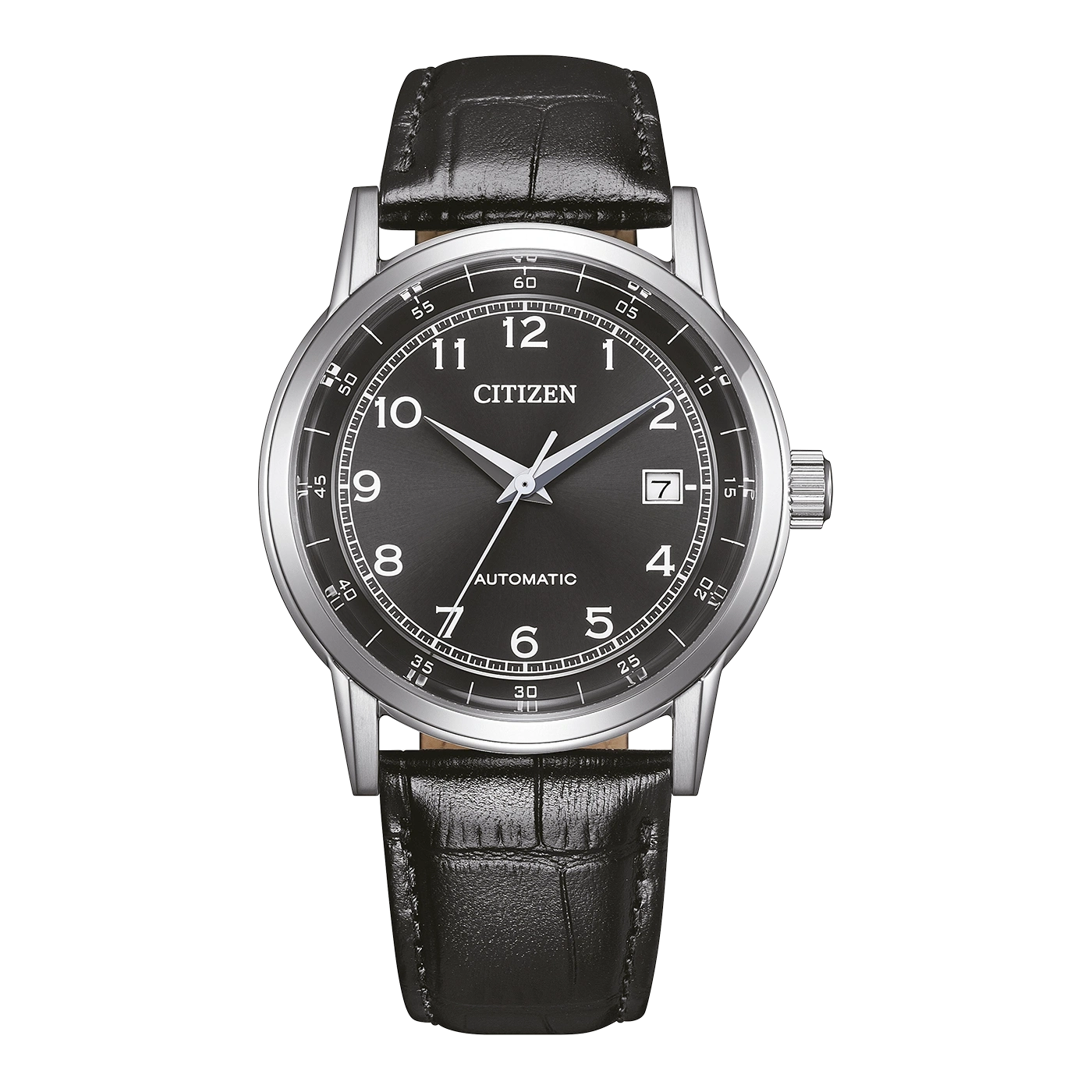 A black Citizen automatic watch with a leather strap.
