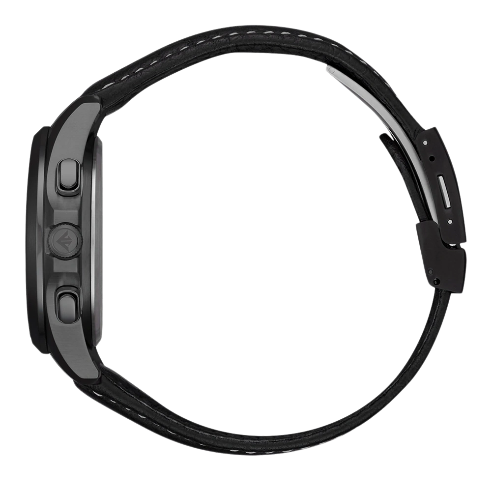 Black watch with black leather strap, side view, white background