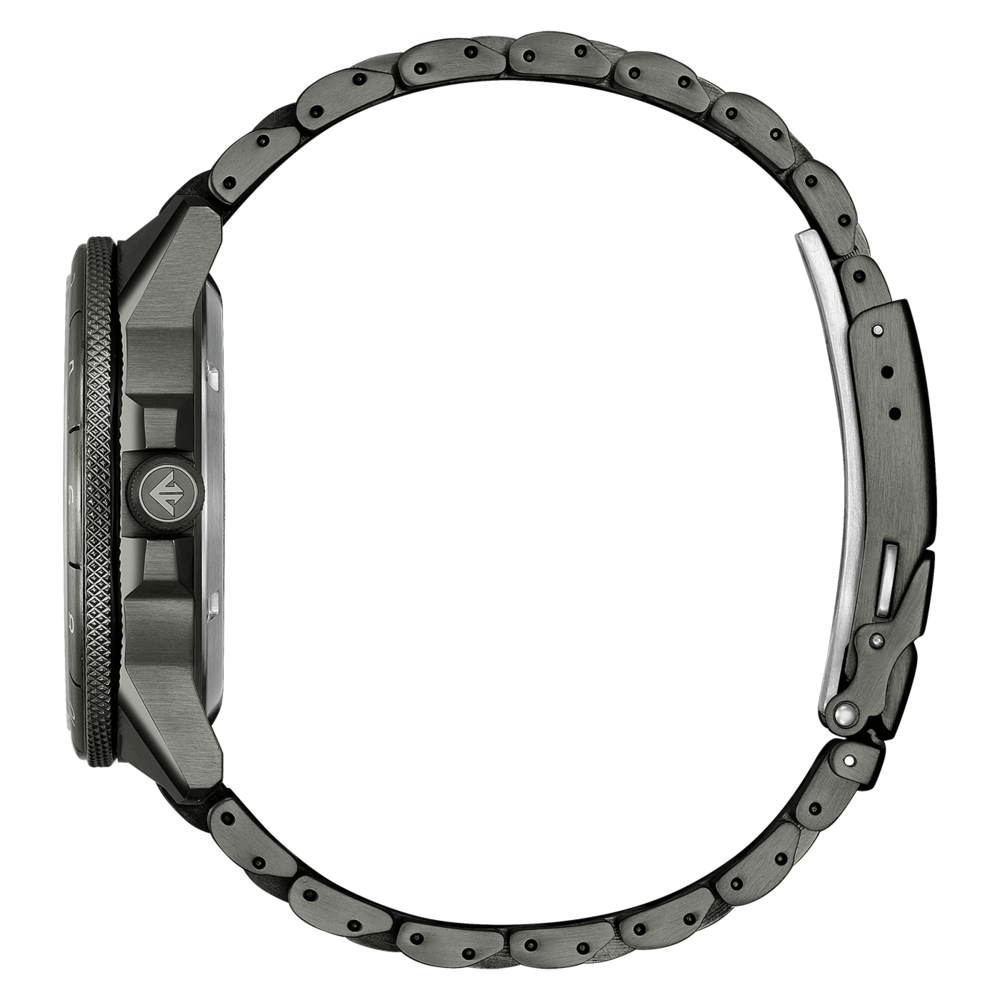 Side view of a dark gray watch with a metal band.