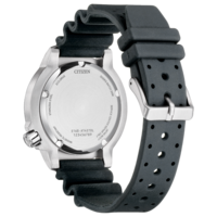 Citizen dive watch with black rubber strap, showing caseback details.
