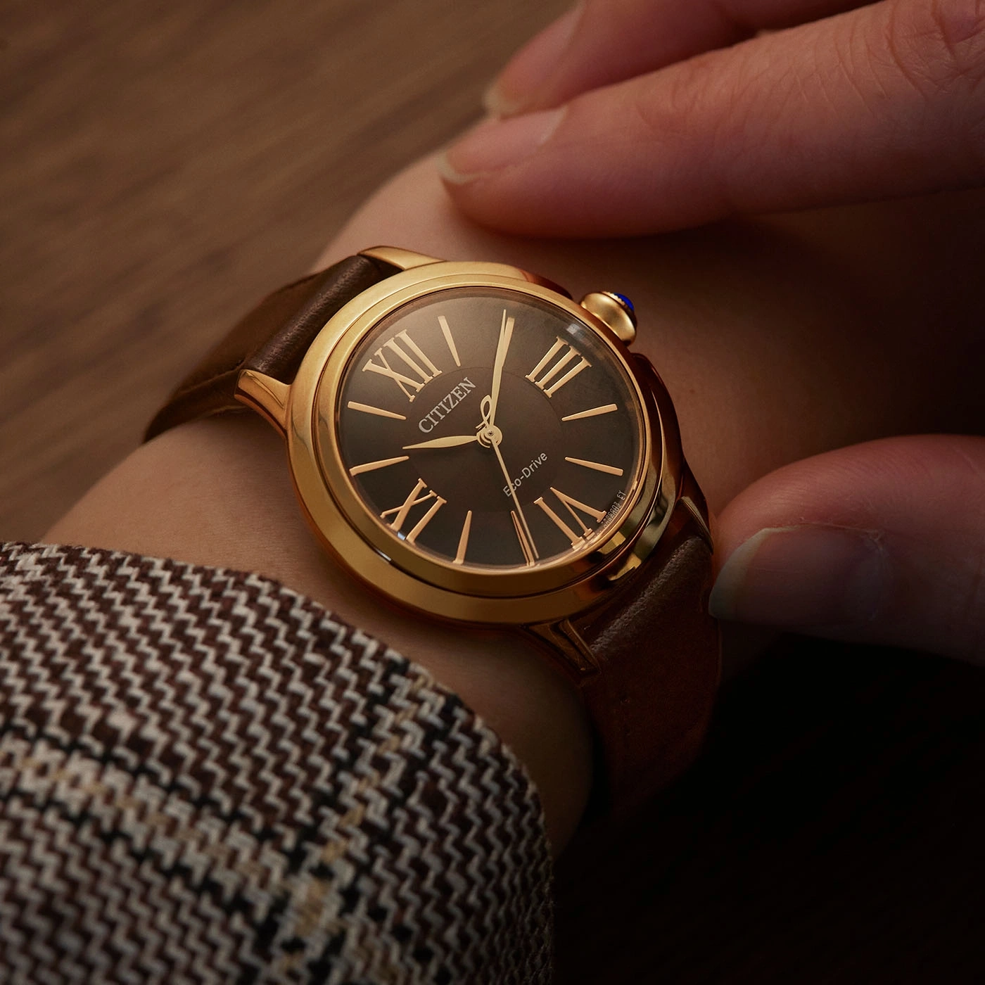 Citizen watch on wrist, gold case, brown leather strap, Roman numerals, Eco-Drive