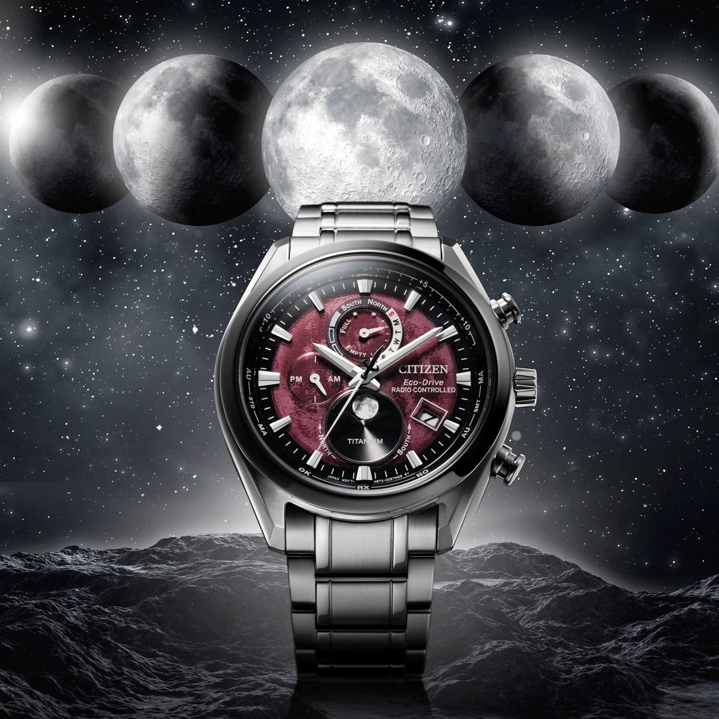 Citizen watch with a red face, moons, and a starry background.