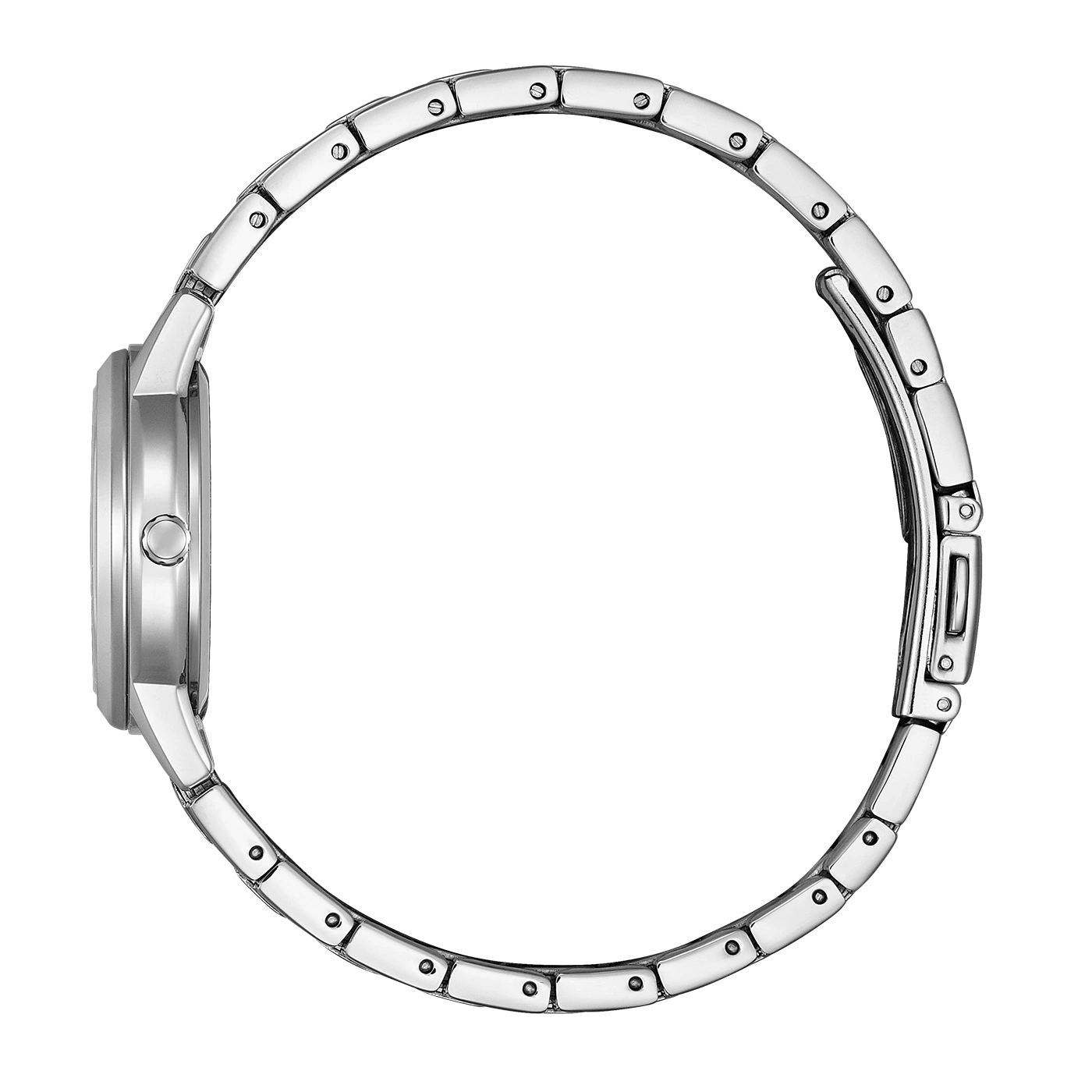 Side view of a silver wristwatch with a metal band and clasp.