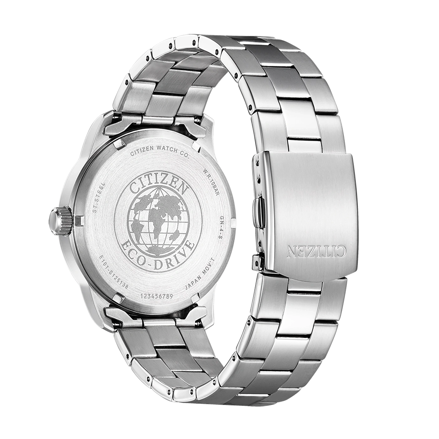 Citizen watch, stainless steel, Eco-Drive, back view, close-up, silver