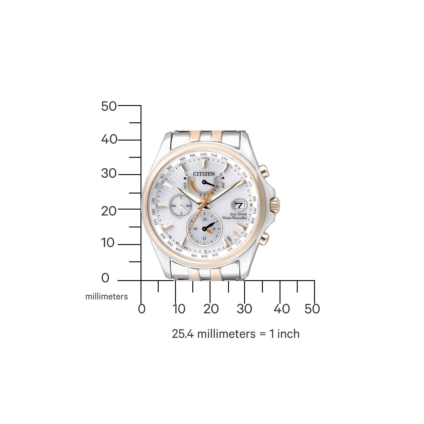Citizen watch with silver and gold accents, showing time and date, with a scale in millimeters.