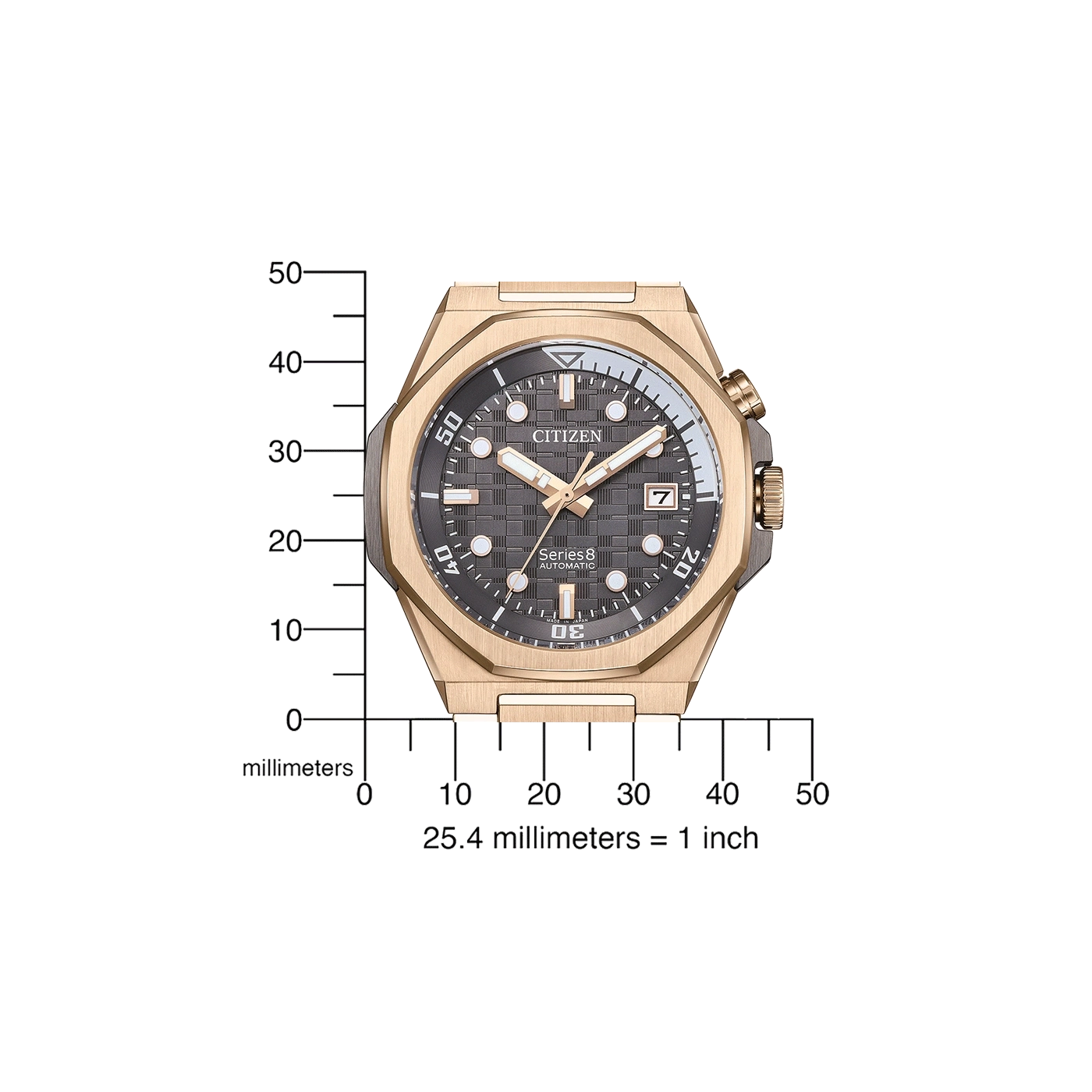 Citizen watch with gold case, black dial, and millimeter scale for size comparison.