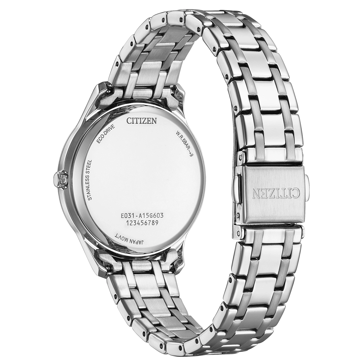 Citizen watch back, stainless steel, Eco-Drive, Japan movement, W.R.5BAR