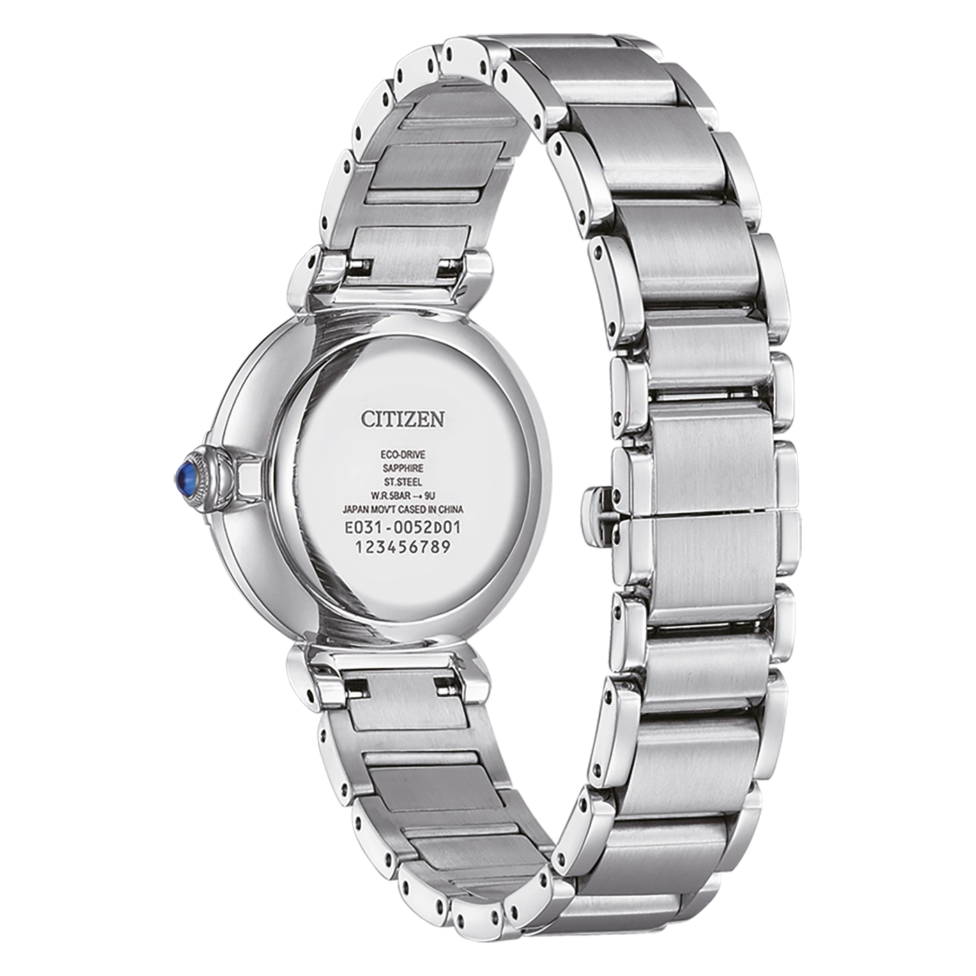 Citizen watch back with details: Eco-Drive, Sapphire, ST.Steel, W.R.5Bar, Japan Movt.