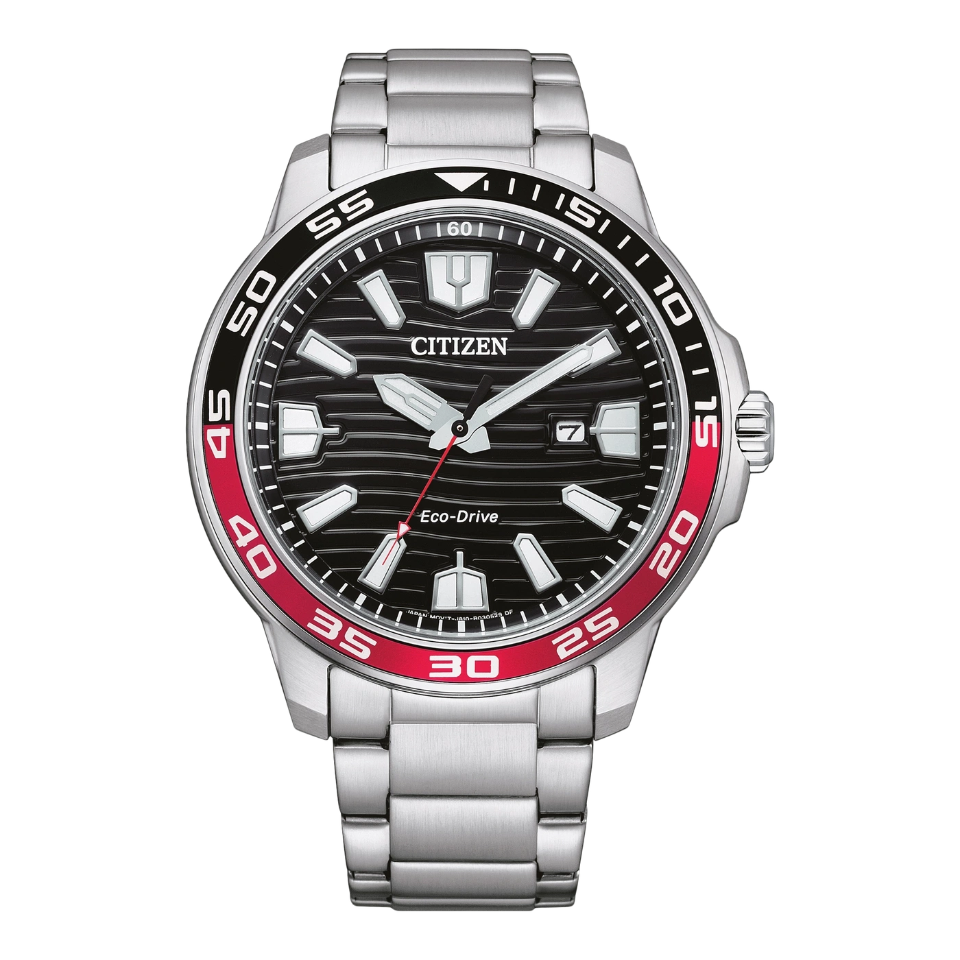 Citizen watch with black face, red bezel, and silver band. Eco-Drive.