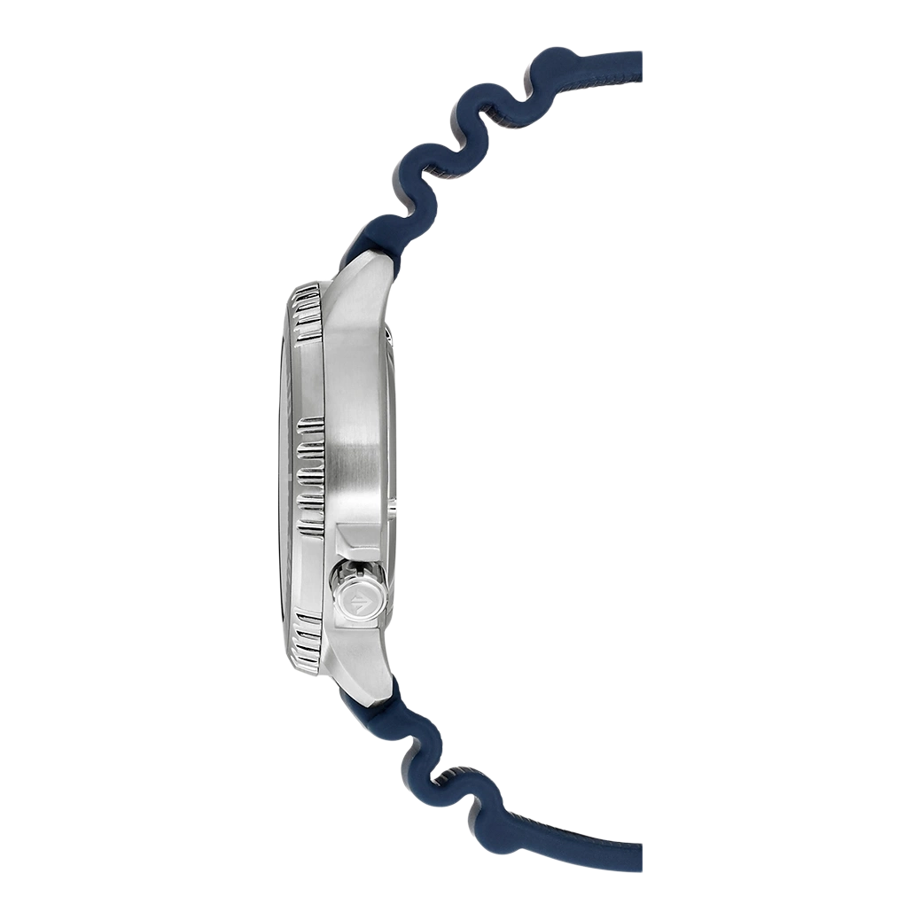 Side view of a silver watch with a blue wavy strap