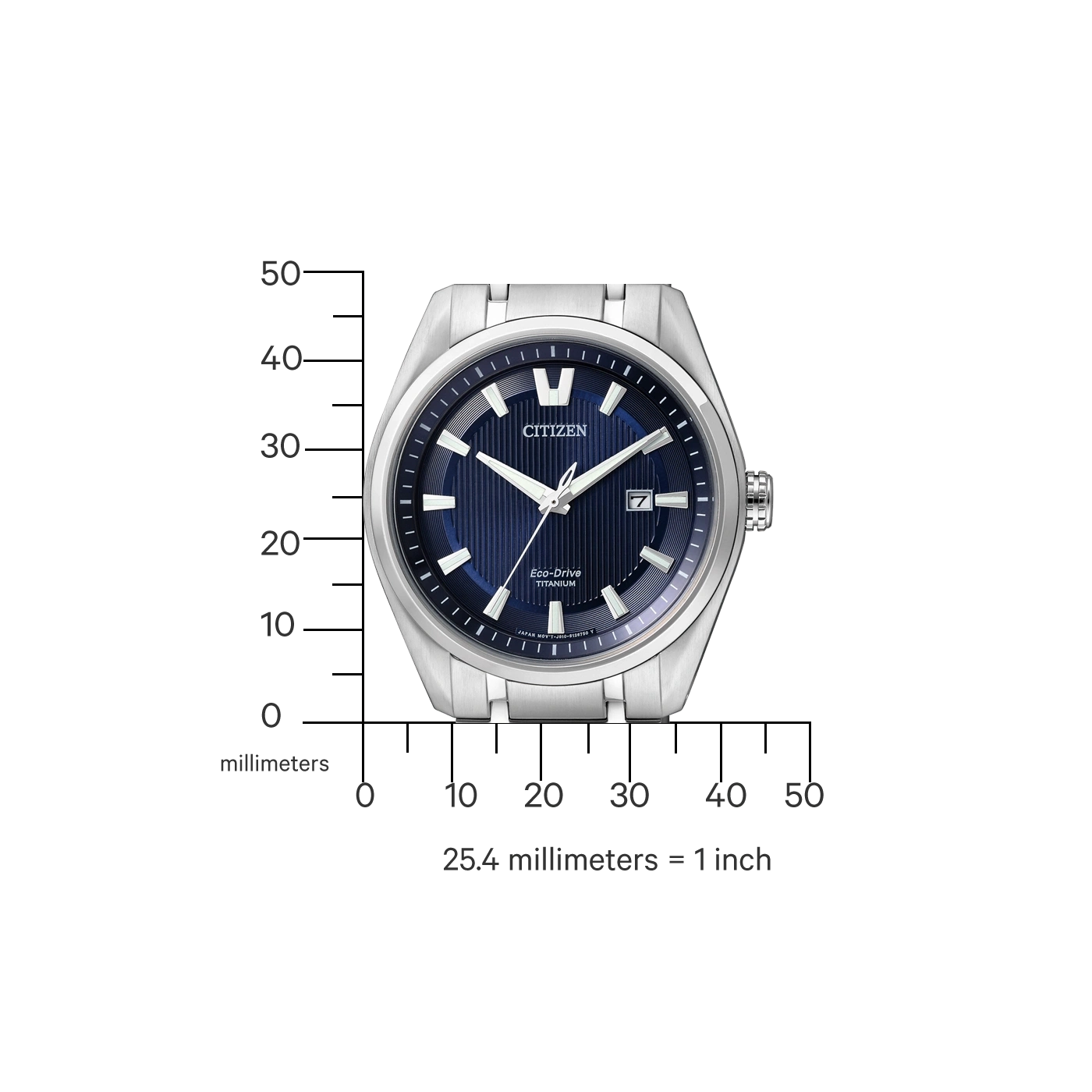 Citizen watch with blue face, titanium, Eco-Drive, and millimeter scale.