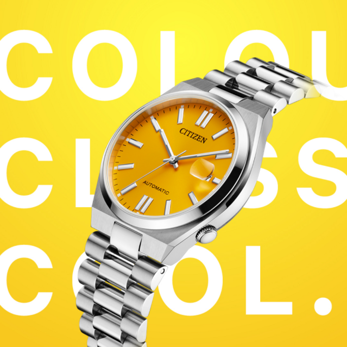 Citizen watch with yellow face and silver strap on a yellow background.