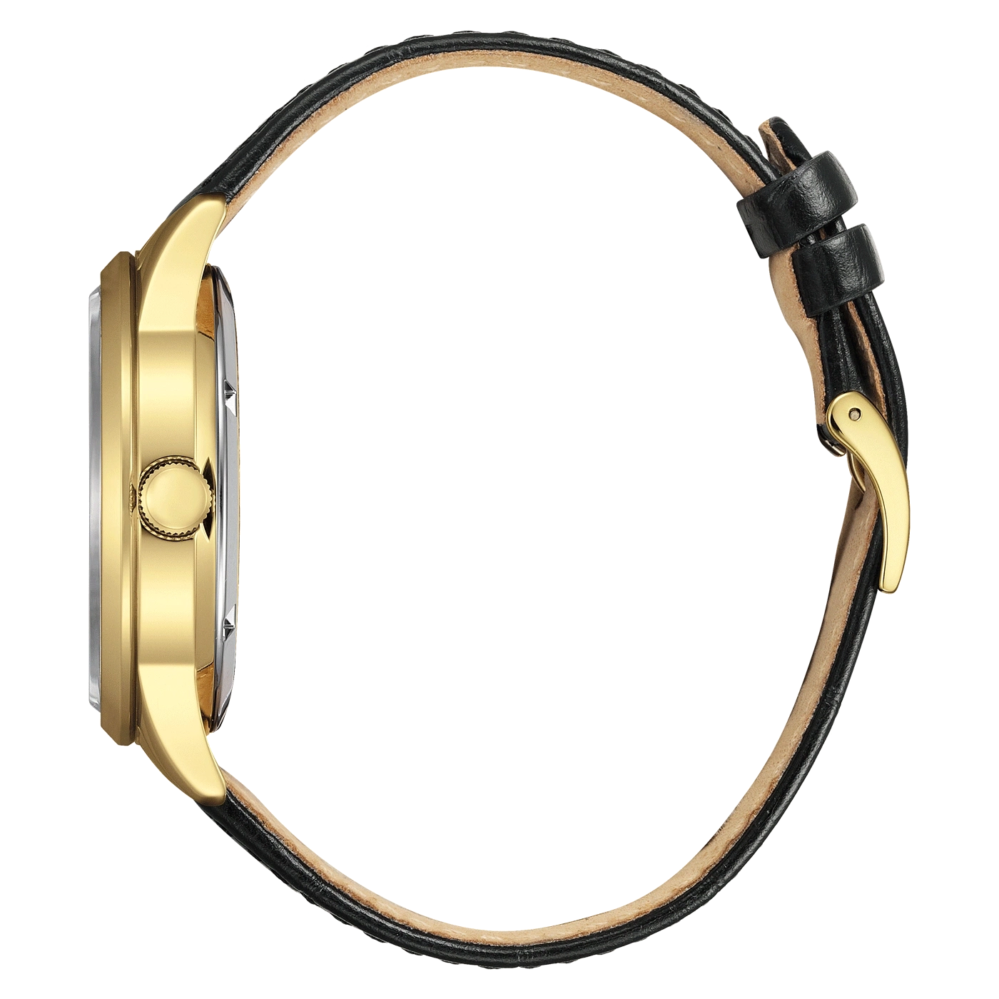 Gold watch with black leather strap, side view, elegant design