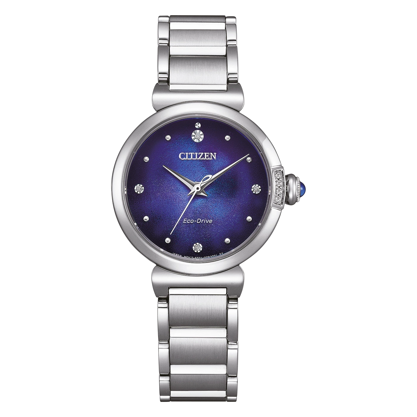 Citizen watch with a blue face and silver band, Eco-Drive technology.