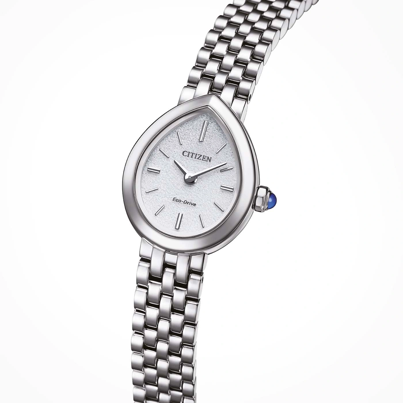 A close-up shot of a silver Citizen Eco-Drive watch with a teardrop-shaped face.