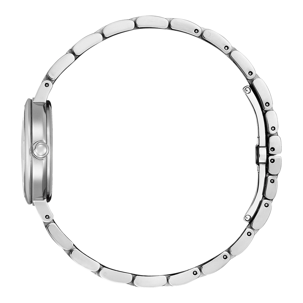 Side view of a silver wristwatch with a metal band.