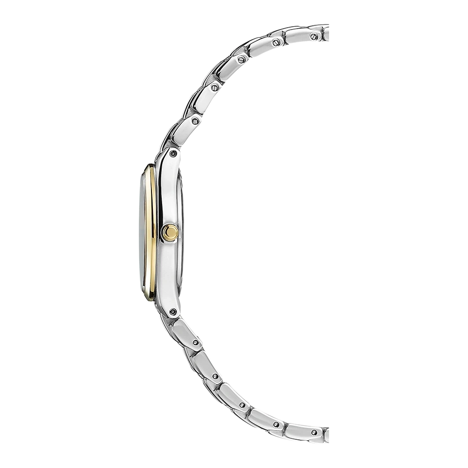 Side view of a silver and gold wristwatch on a white background.