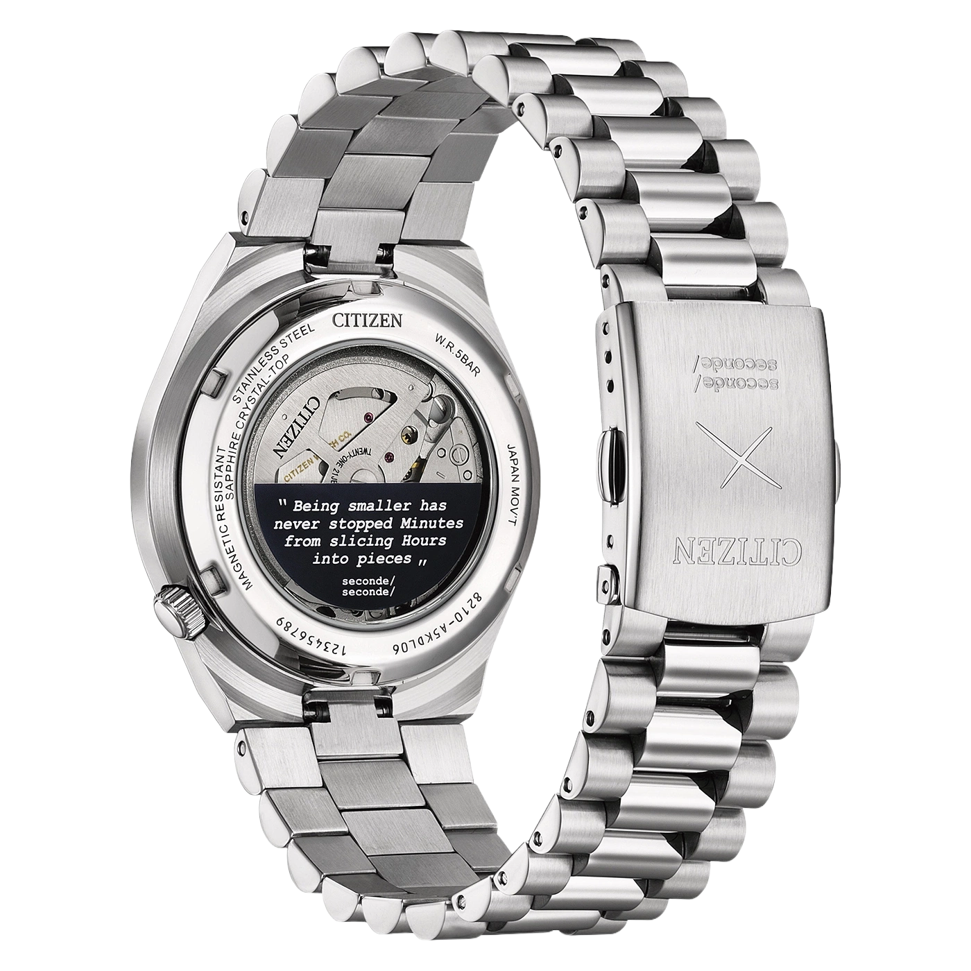 A close-up shot of the back of a stainless steel Citizen watch with a quote.