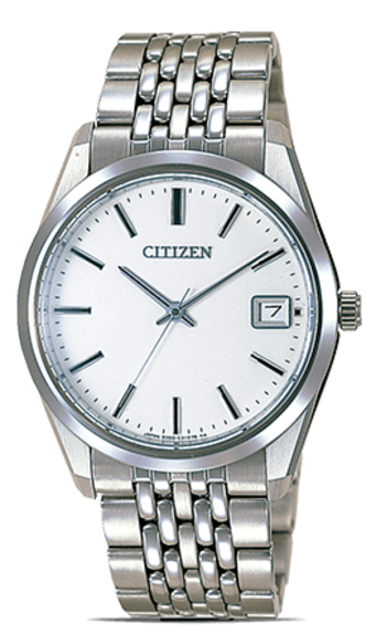 Citizen-Uhr mit weißem Zifferblatt und silbernem Armband, Datumsanzeige.